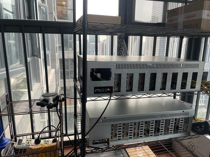 Close-up of an efficient mining rig setup with GPUs